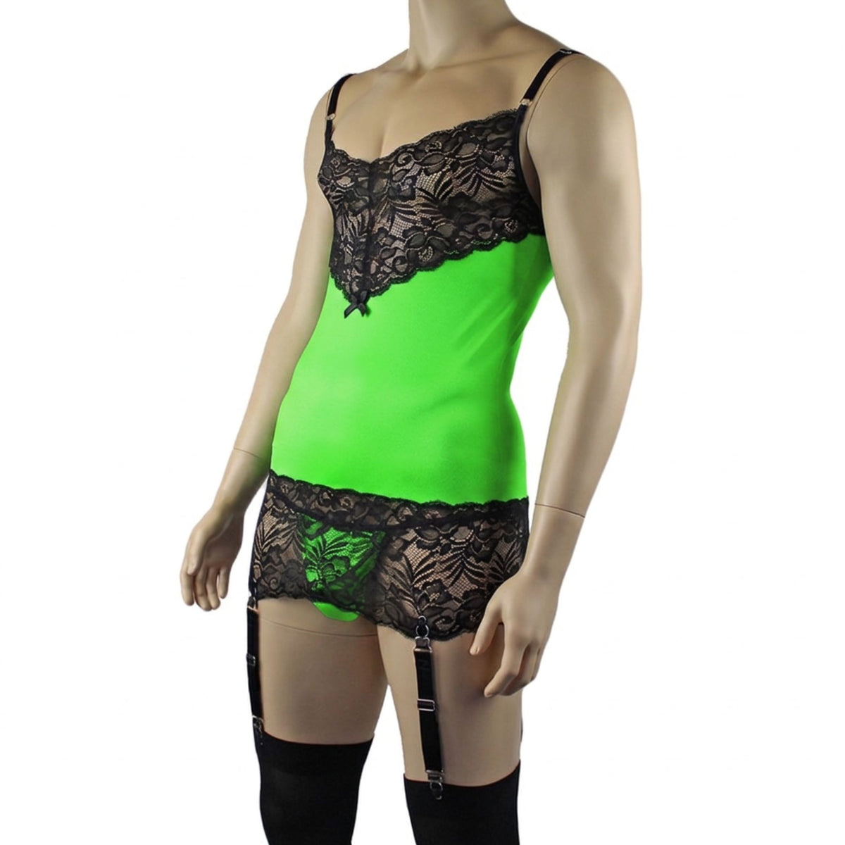 Mens Risque Camisole Mini Dress Chemise, G string & Stockings Neon Green & Black