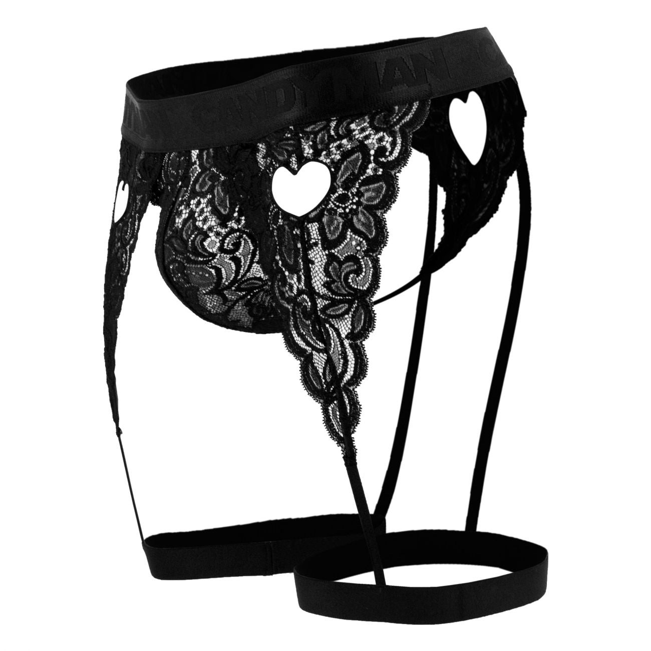 CandyMan 99310 Thong with Attached Garters Black