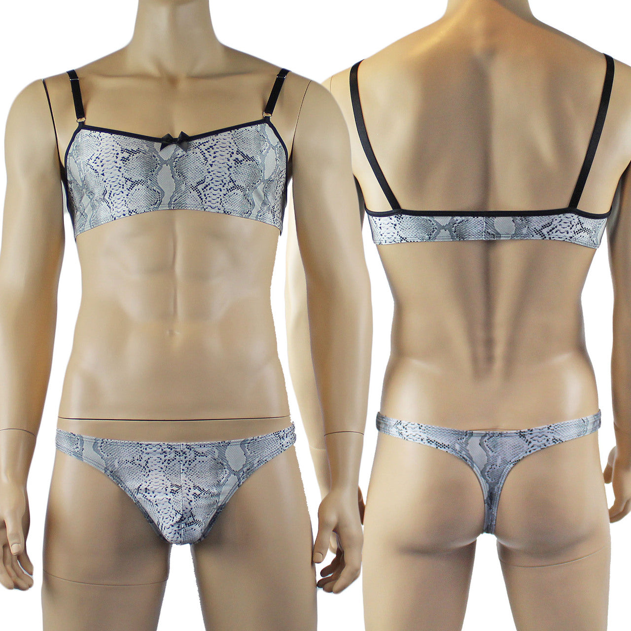 Mens Grey Snake Print Bra Top for Males & Thong