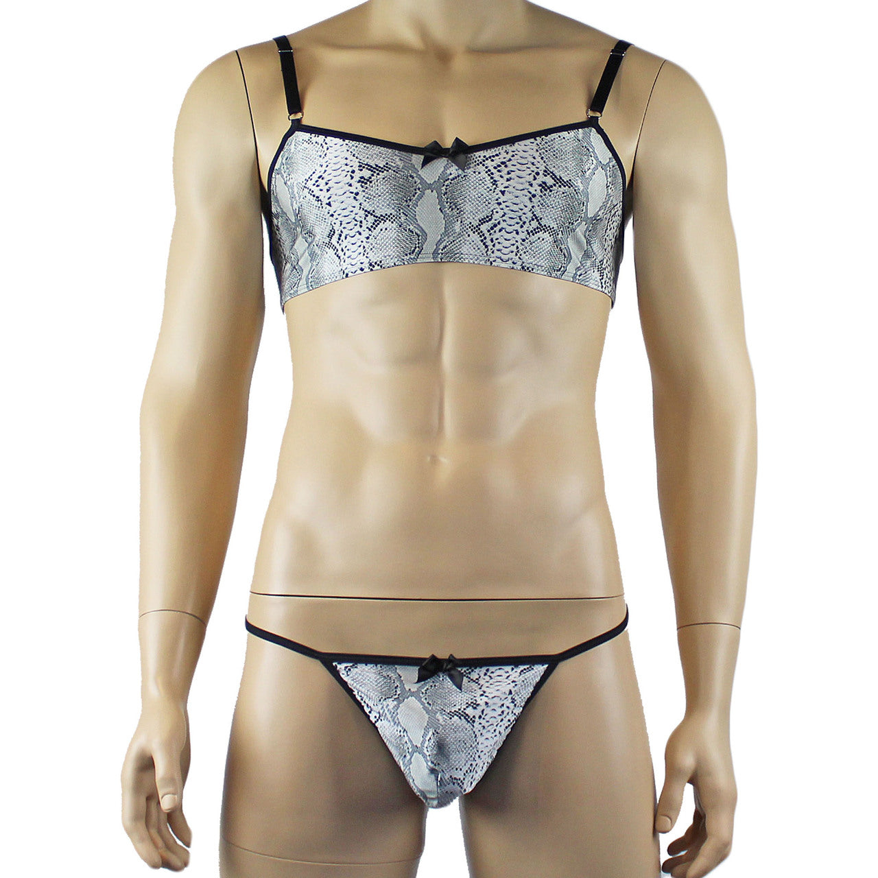 Mens Grey Snake Print Bra Top for Males & G string