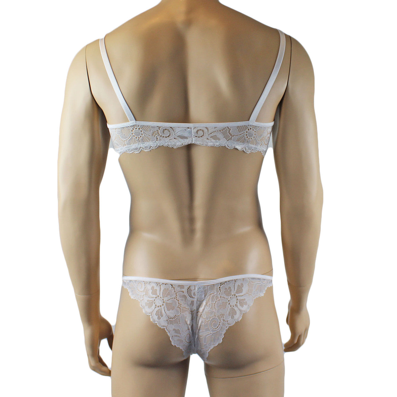 Mens Sweetheart Scalloped Shiny Lace Bra Top and Panty White