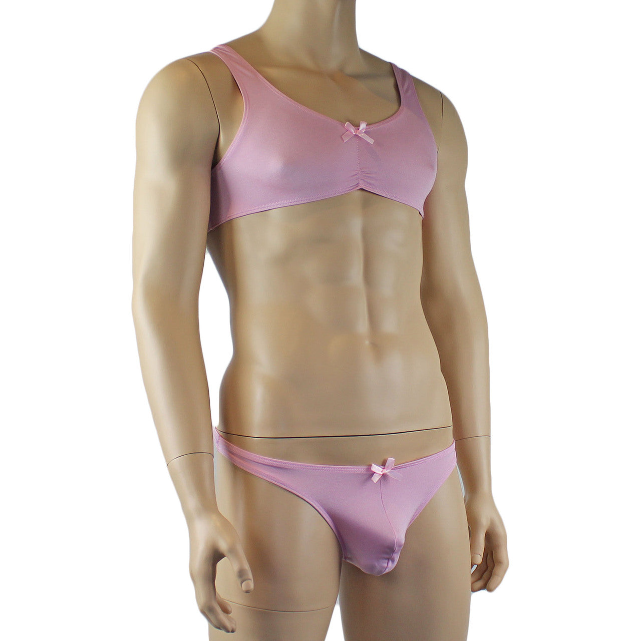 Male Angel Stretch Spandex Bra Top & Matching Thong with Bow Pink