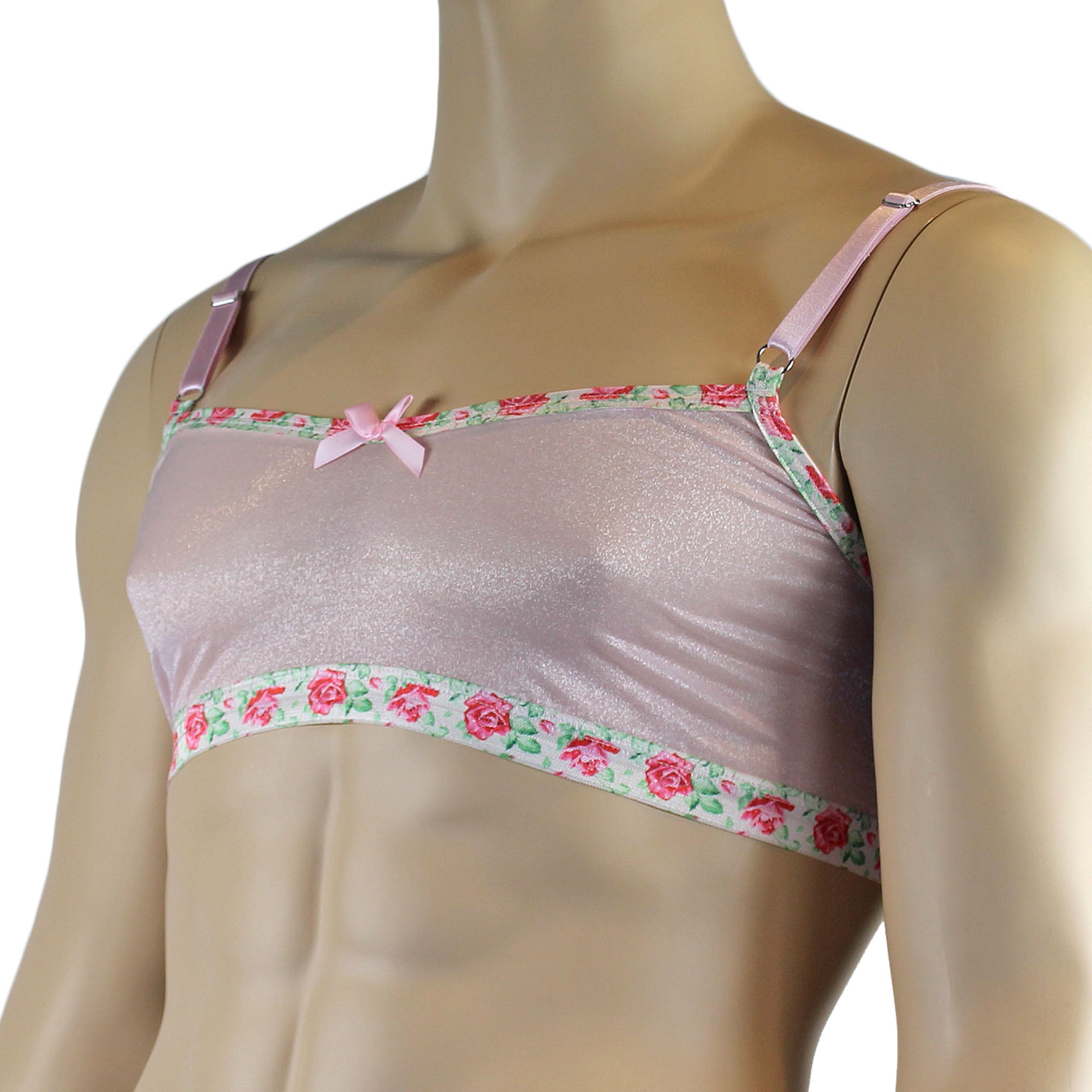 Mens Crystal Rose Sheer Stretch Glissenette Bra Top with Flower Trim Pink