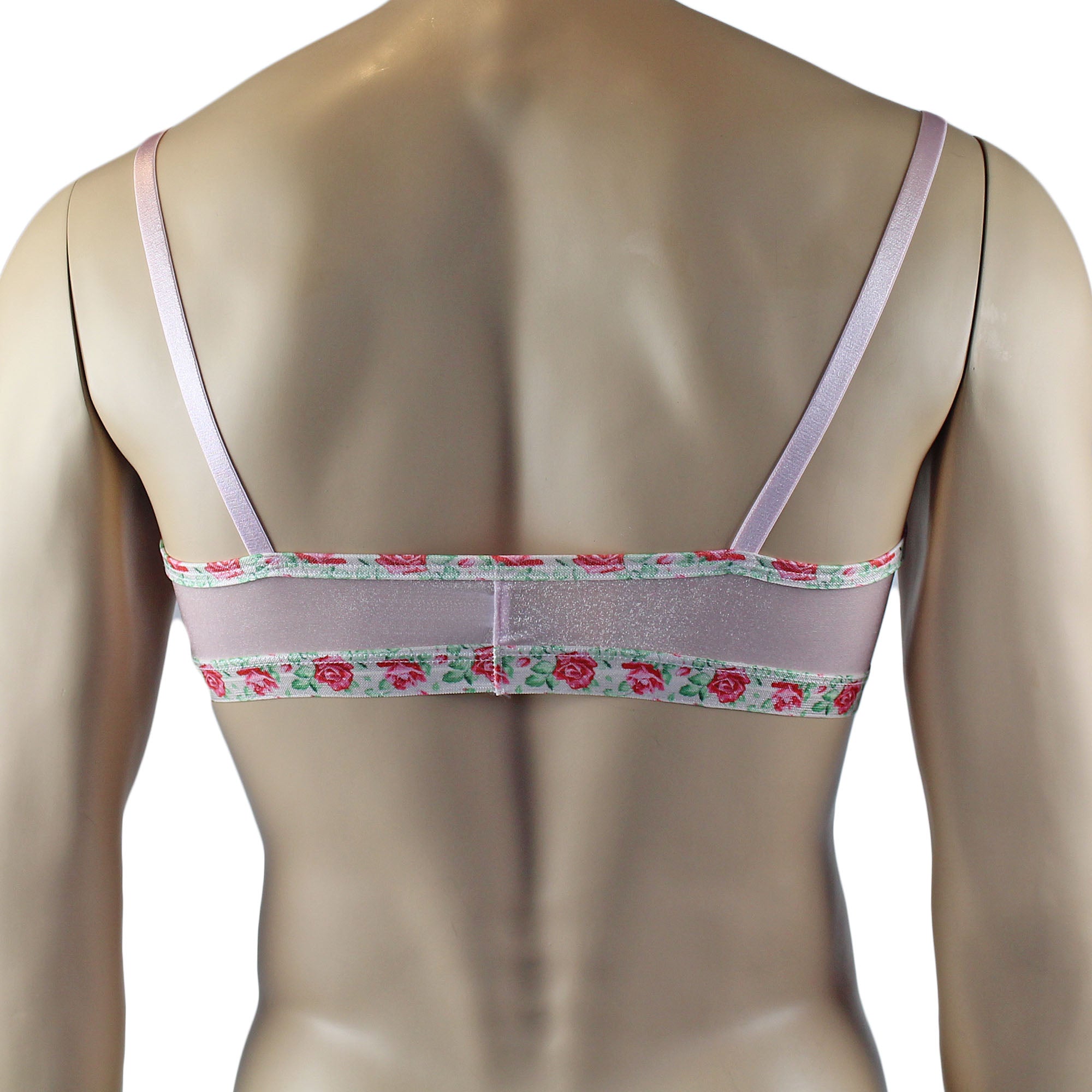 Mens Crystal Rose Sheer Stretch Glissenette Bra Top with Flower Trim Pink