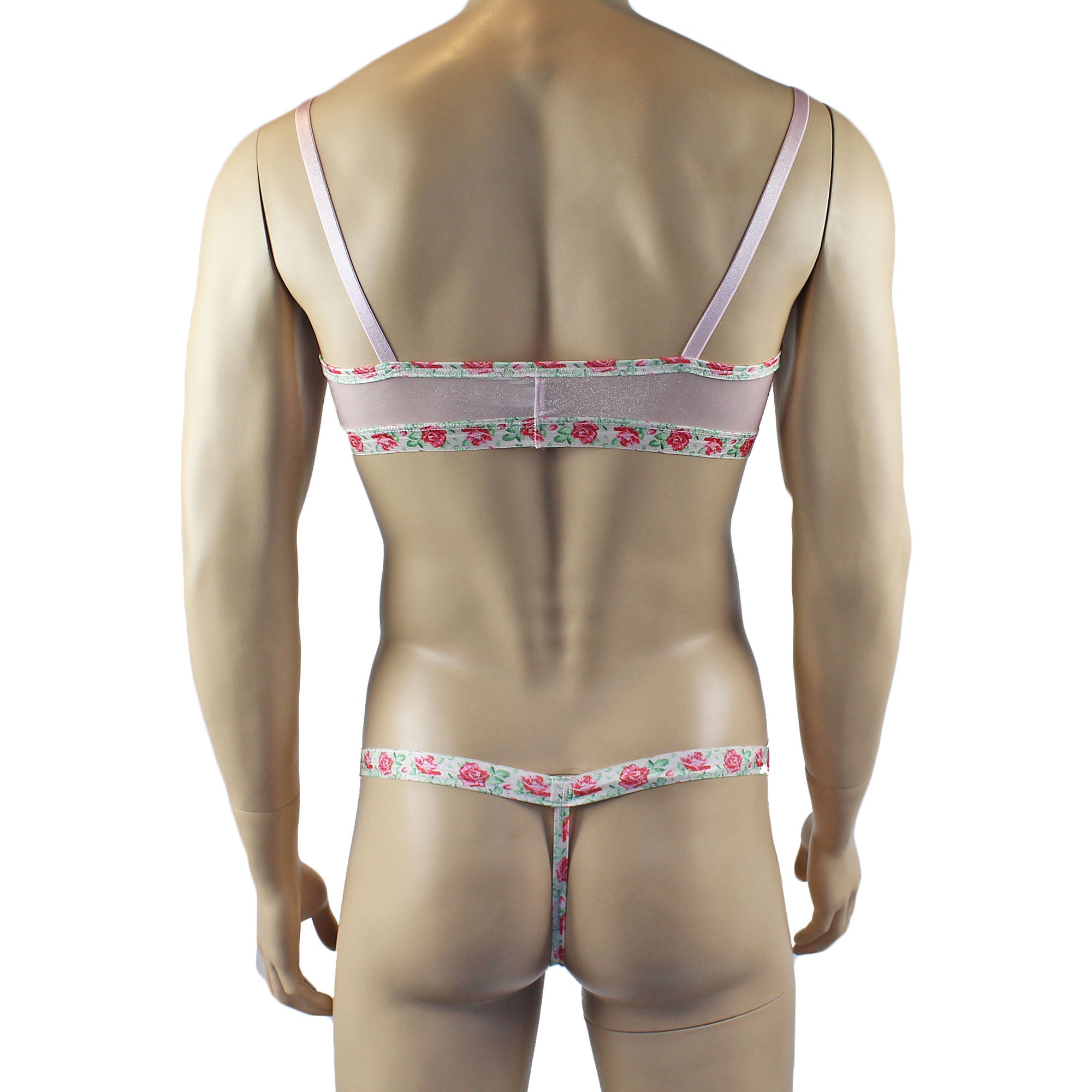 Mens Crystal Rose Sheer Stretch Glissenette Bra Top & G string with Flower Trim Pink