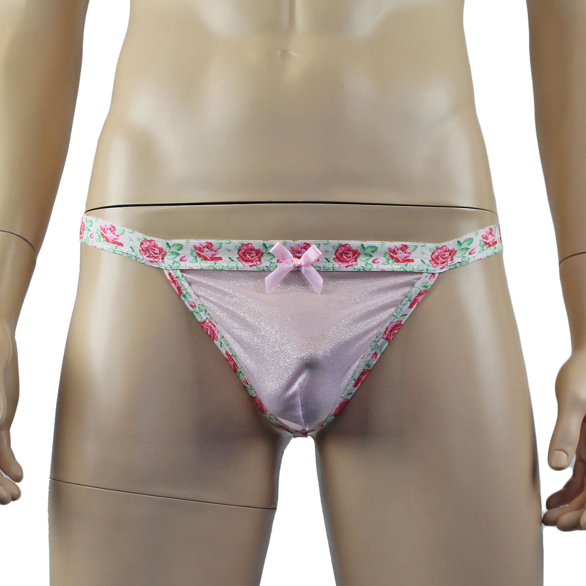 Mens Crystal Rose Sheer Stretch Glissenette Bra Top & G string with Flower Trim Pink