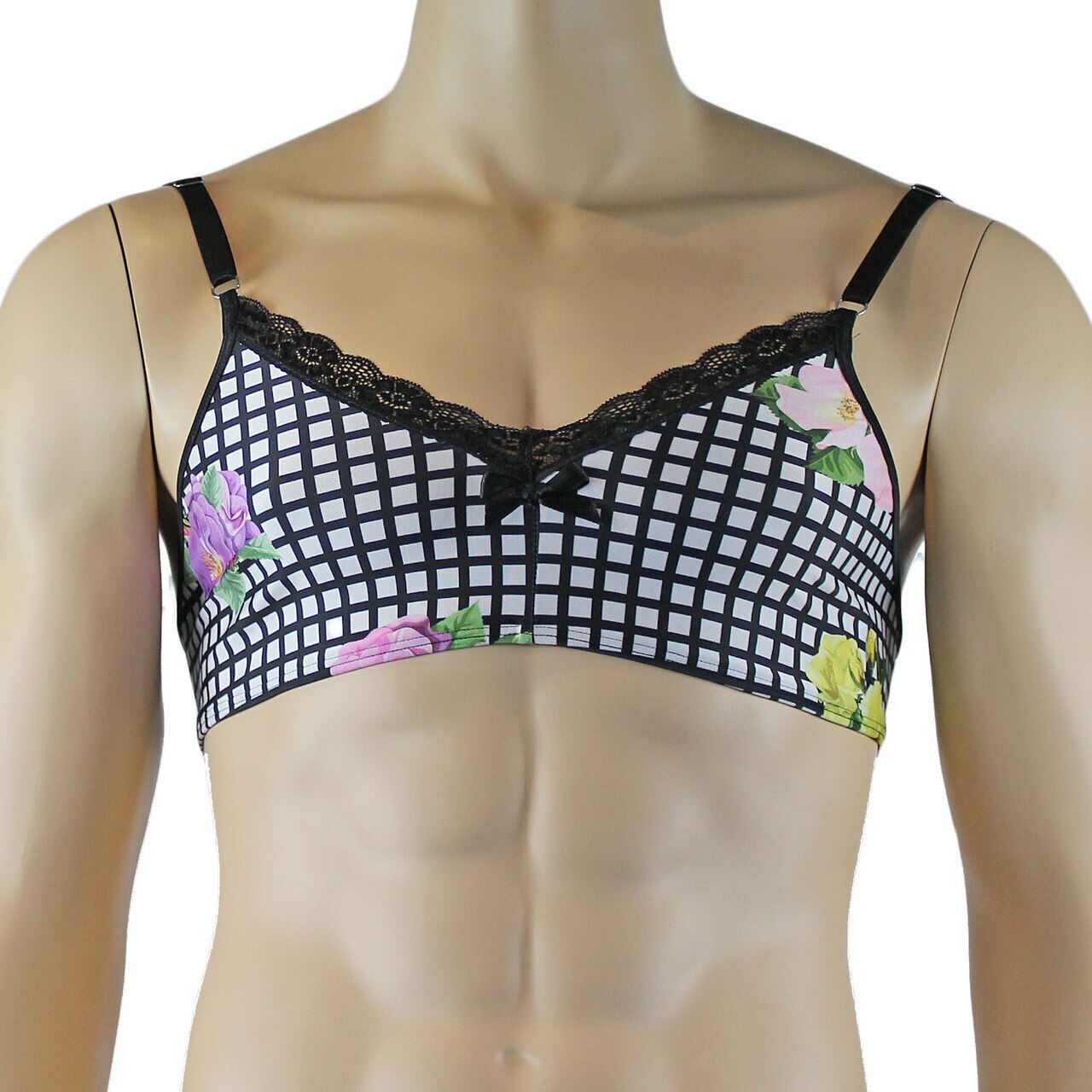 Mens Diana Bra Top & G string in a Pretty Flower Checkered Print Spandex