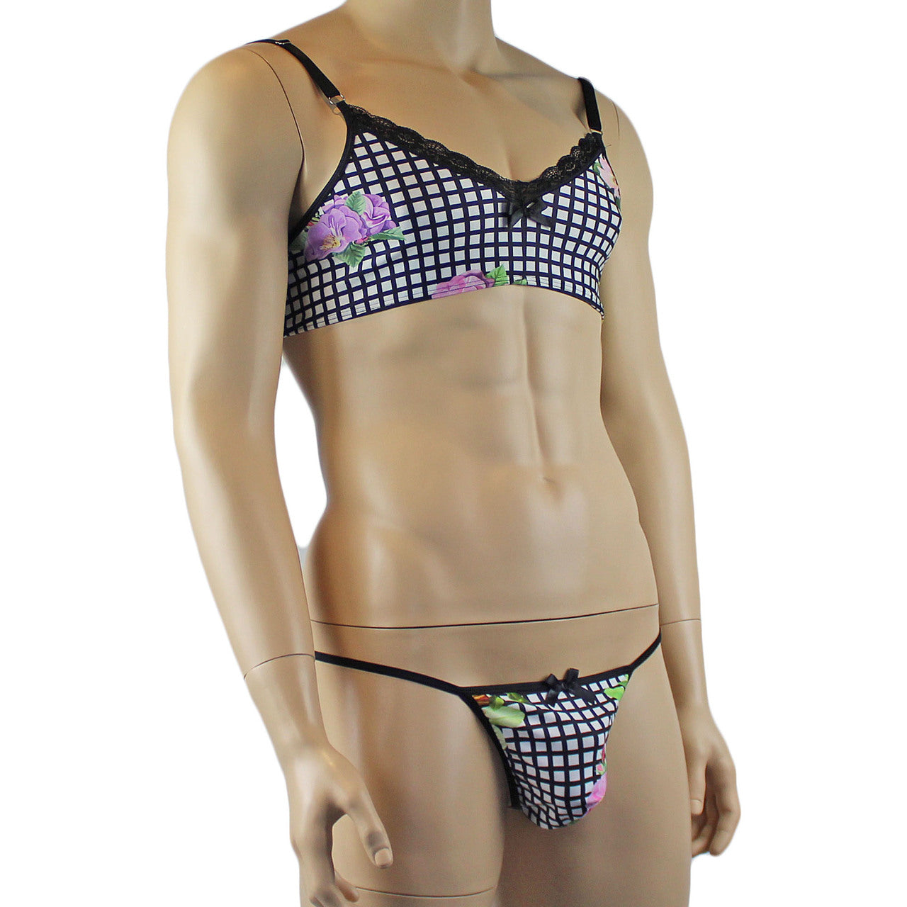 Mens Diana Bra Top & G string in a Pretty Flower Checkered Print Spandex