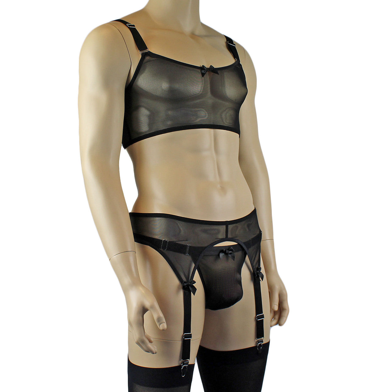 Mens Exotic Sheer Mesh Crop Bra Top Camisole, G string & Garterbelt - Sizes up to 3XL Black
