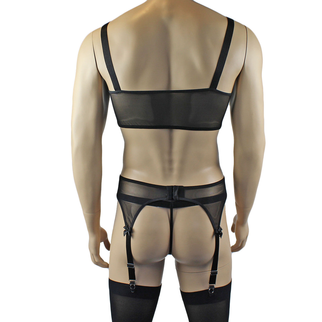 Mens Exotic Sheer Mesh Crop Bra Top Camisole, G string & Garterbelt - Sizes up to 3XL Black
