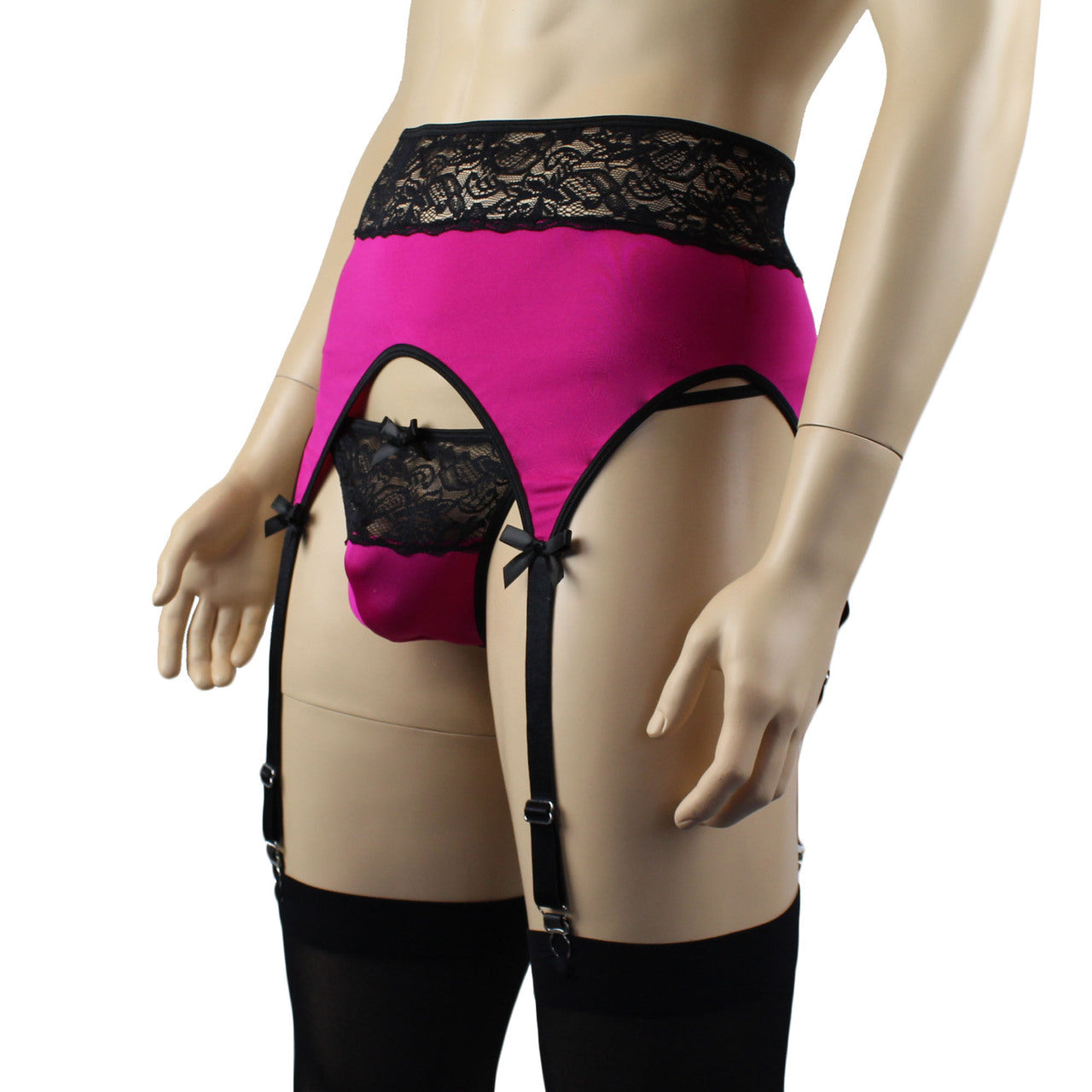 Mens Glamour Lycra & lace High Cut Garterbelt, G string & Stockings (raspberry plus other colours)