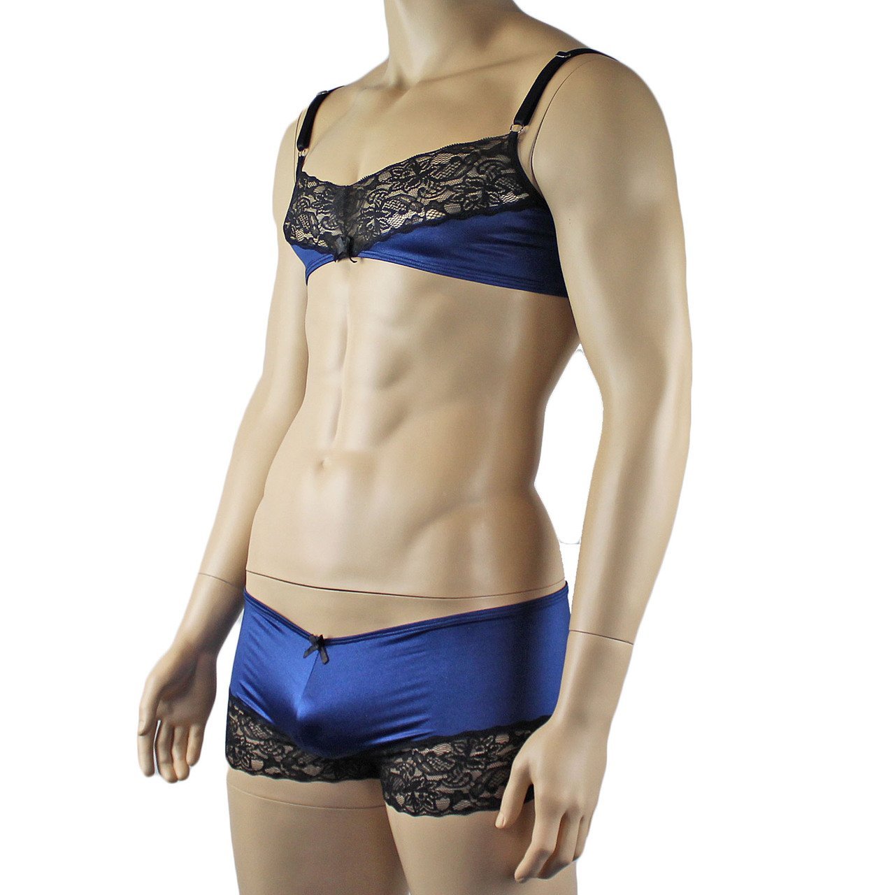 Mens Bra top and Boxer Briefs with Lace Trim (navy & black plus other colours)