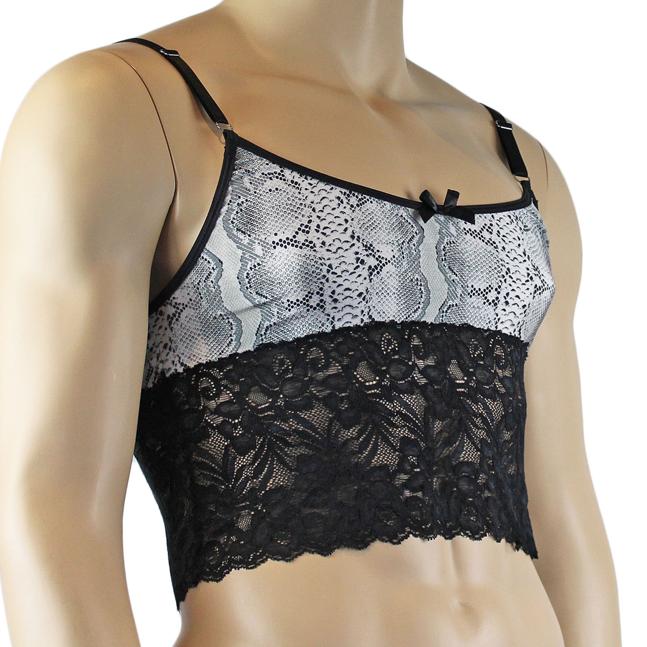 Mens Grey Snake Print & Black Lace Bra Top Camisole