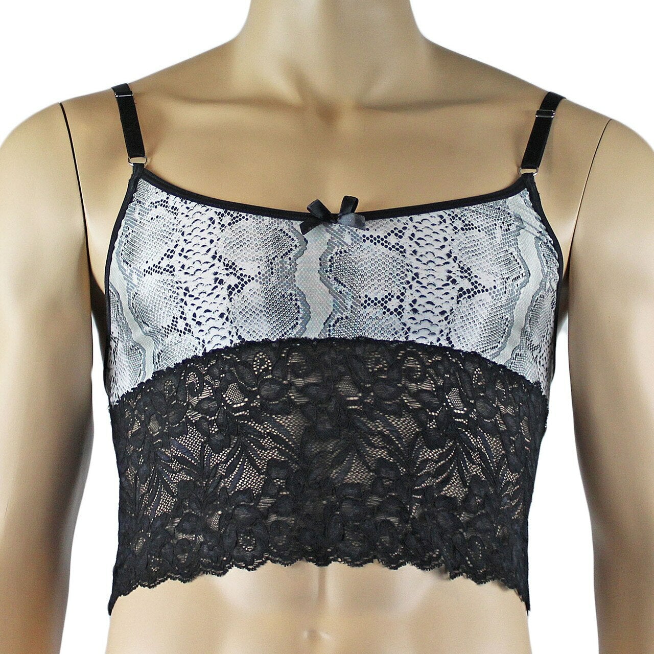 Mens Grey Snake Print & Black Lace Mens Bra Top Camisole, Thong, Garter & Stockings