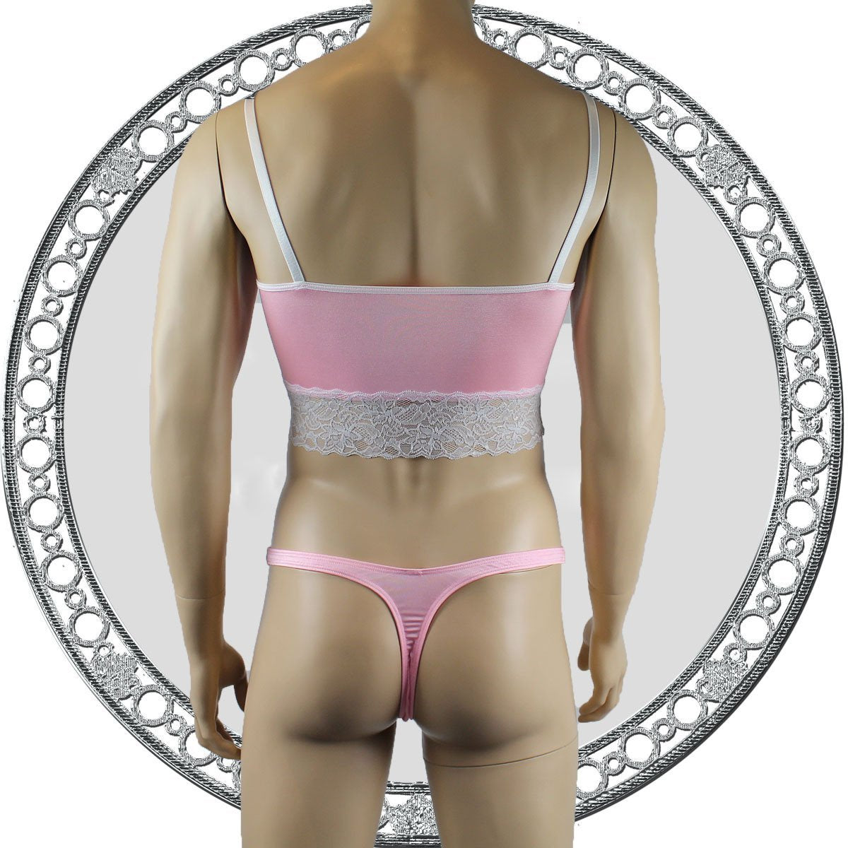 Mens Satin & Lace Crop Cami Top with Sexy Thong Pink and White