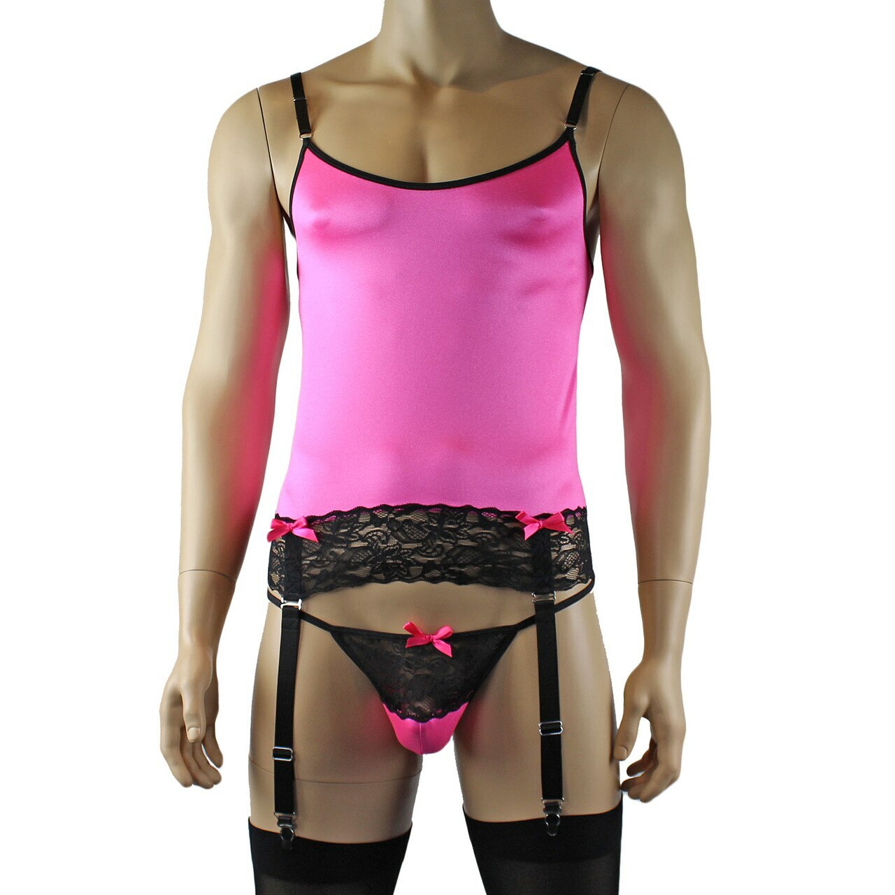 Mens Joanne Camisole Bustier Garter Top with Pouch G string & Stockings - Sizes up to 3XL Hot Pink and Black Lace