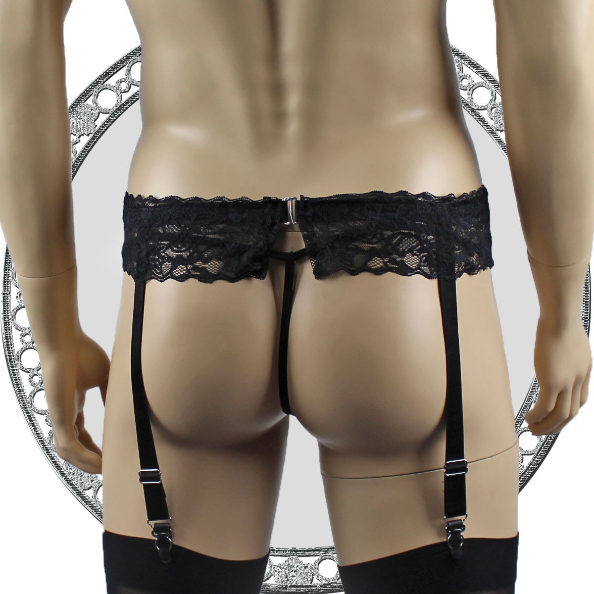 Mens Glamour Lycra & Lace Boxer Brief Shorts with Garterbelt & Stockings