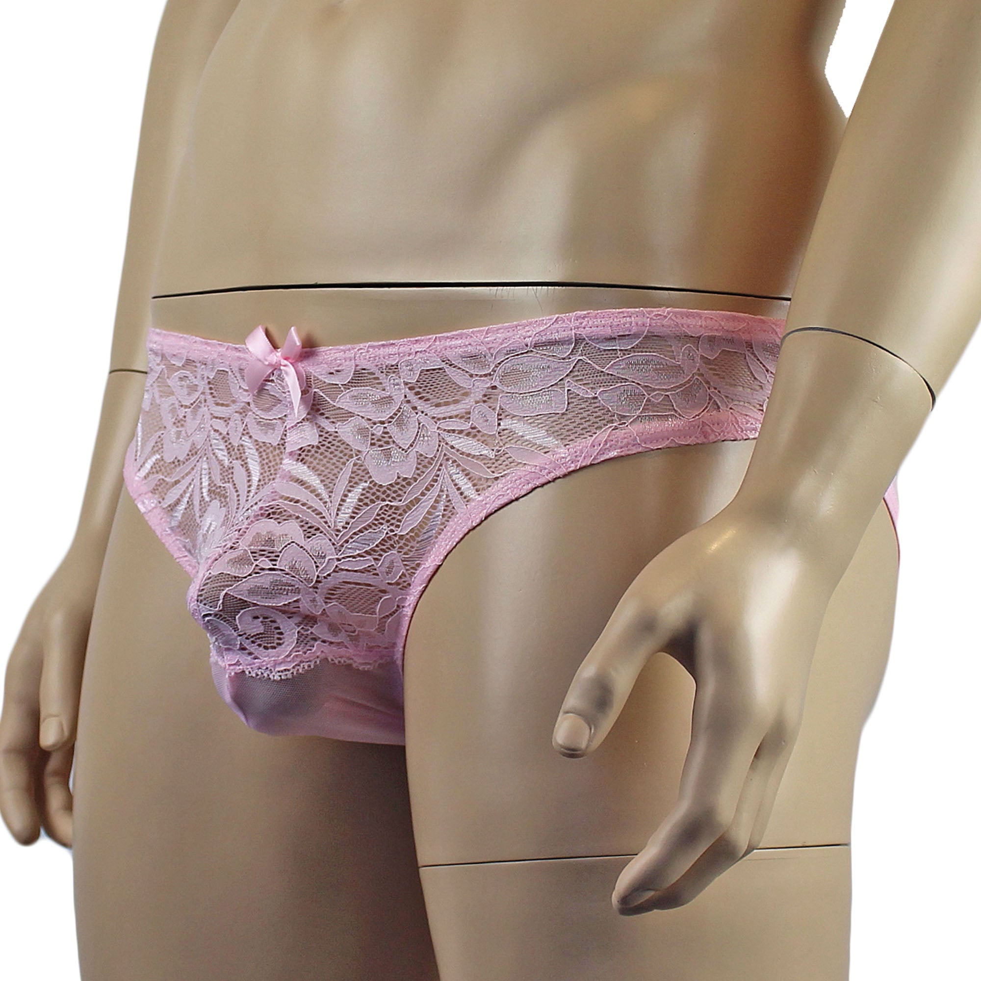 Mens Kristy Sexy Lace Bikini Brief Panties with See through Back Light Pink