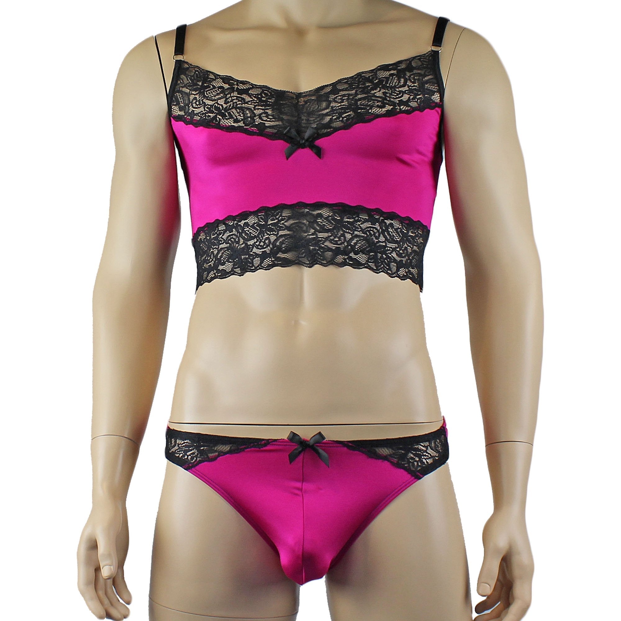 Mens Glamour Camisole Top with High Waist Thong- Sizes up to 3XL Raspberry