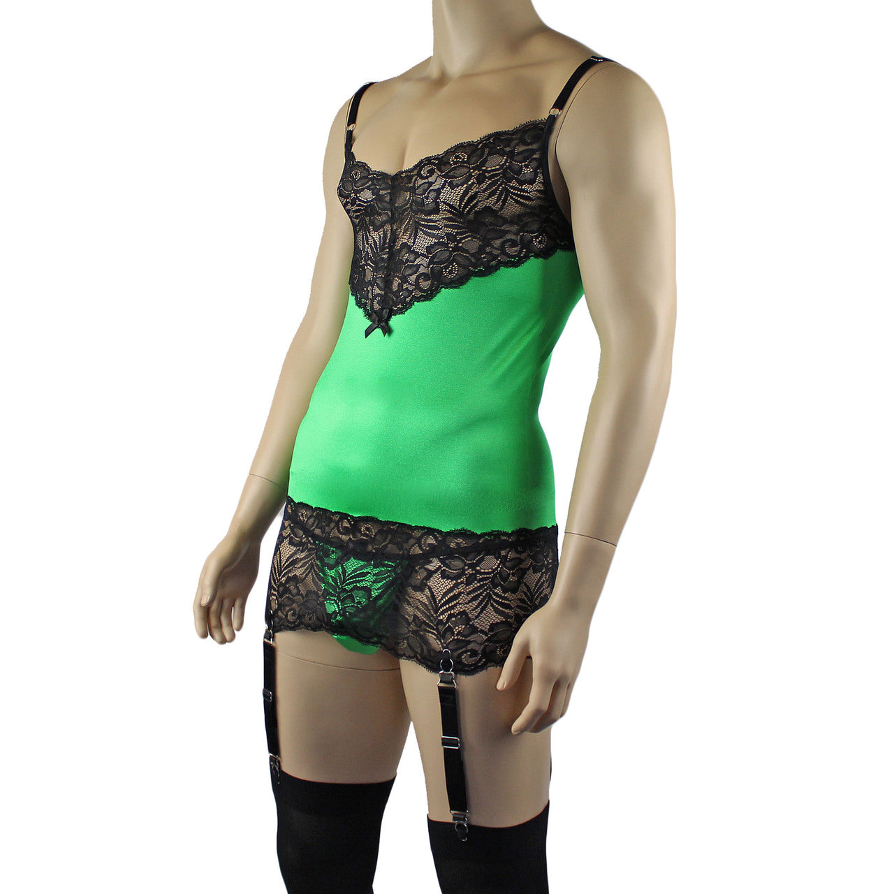 Mens Risque Camisole Mini Dress Chemise, G string & Stockings Green & Black