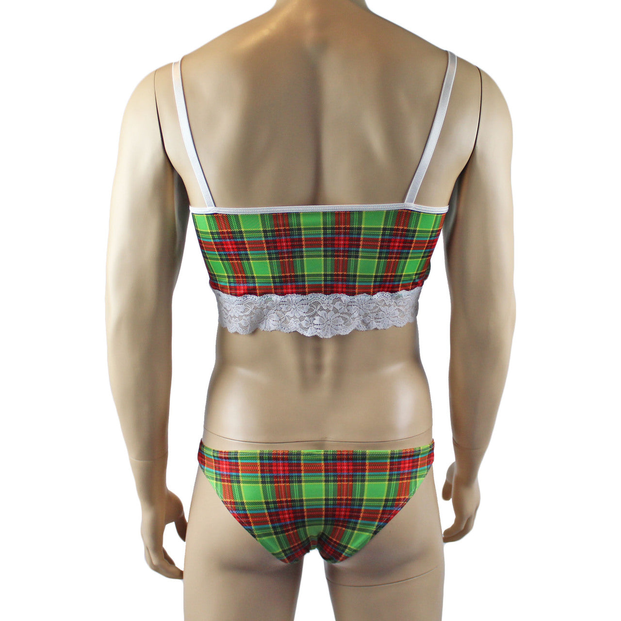 Mens Plaid Tartan Camisole Top & Low Rise Bikini Brief Green and Red