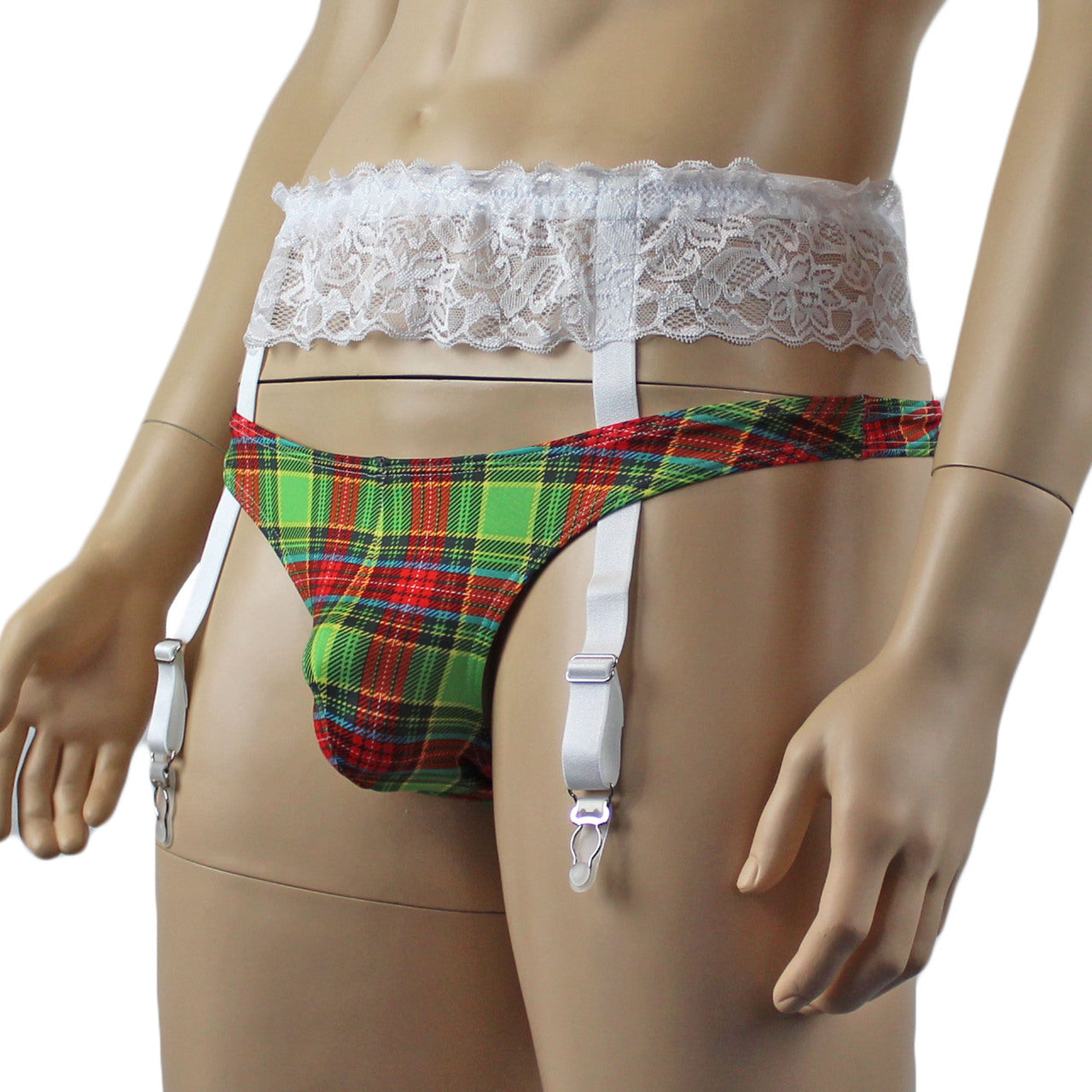 Mens Plaid Tartan Sexy Mini Thong & White Sexy Garterbelt Set Green and Red